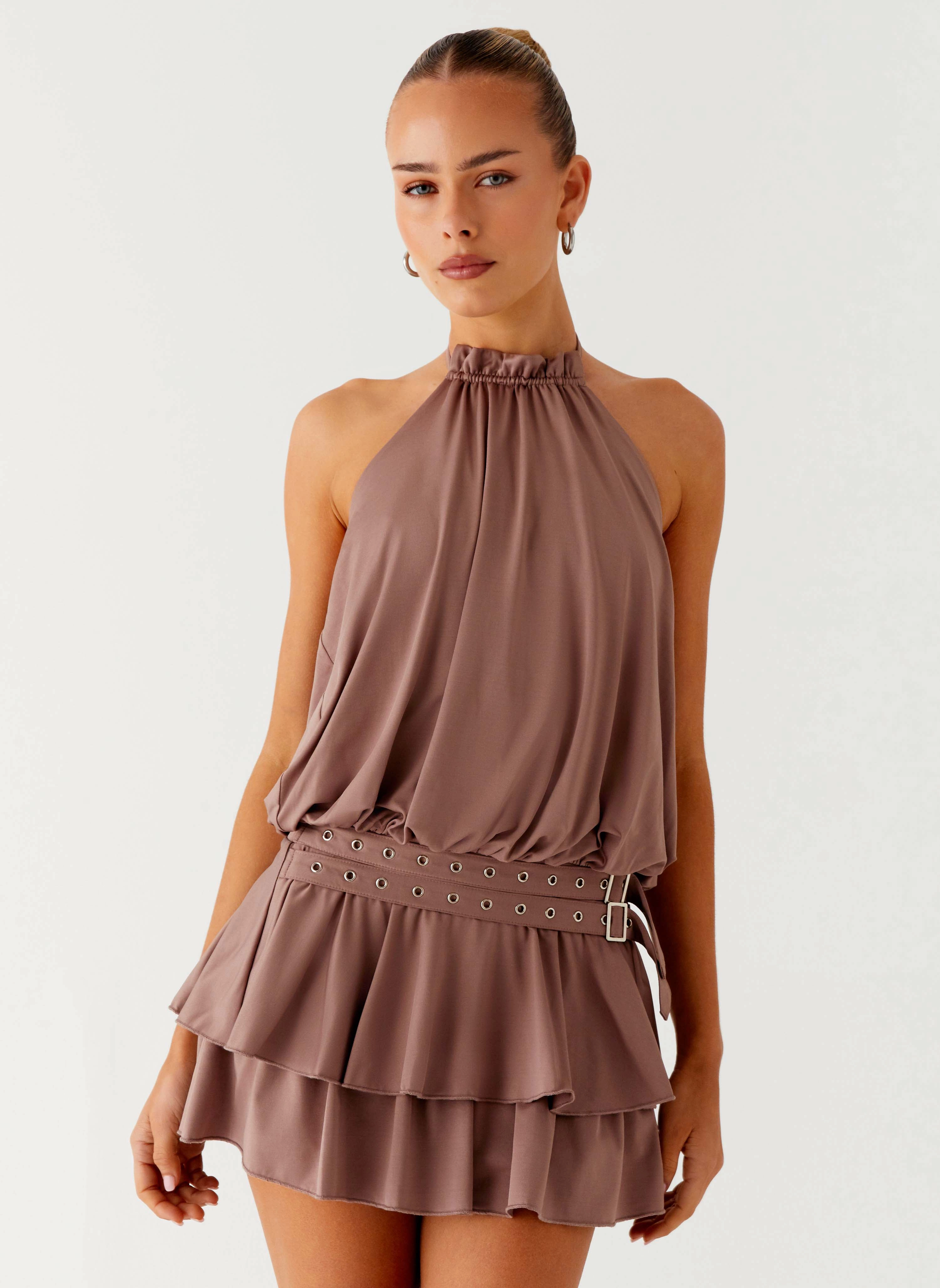 soft look Dopamine Belt Mini Dress - Taupe