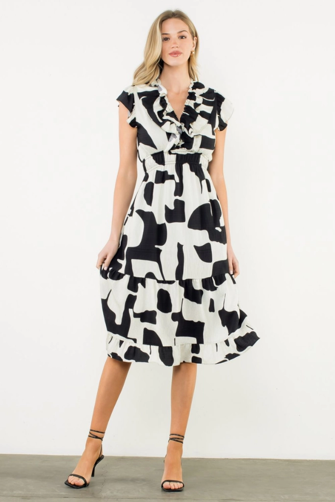 Gender Inclusive Dorothy Geo Print Flutter Sleeve Dress