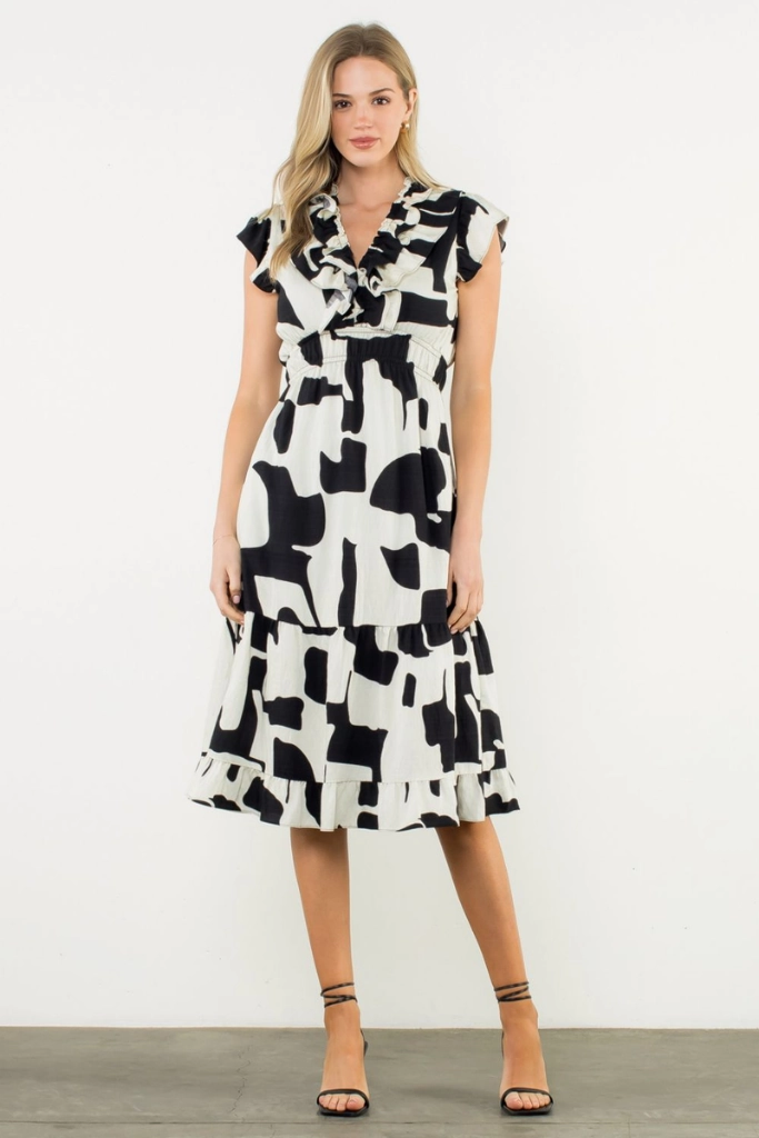 Dorothy Geo Print Flutter Sleeve Dress Soft Curve Draped Fabric