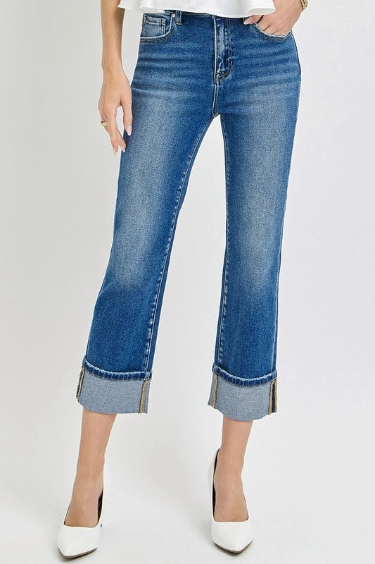 Flexible Waist DORY HIGH RISE ANKLE STRAIGHT CUFFED JEANS