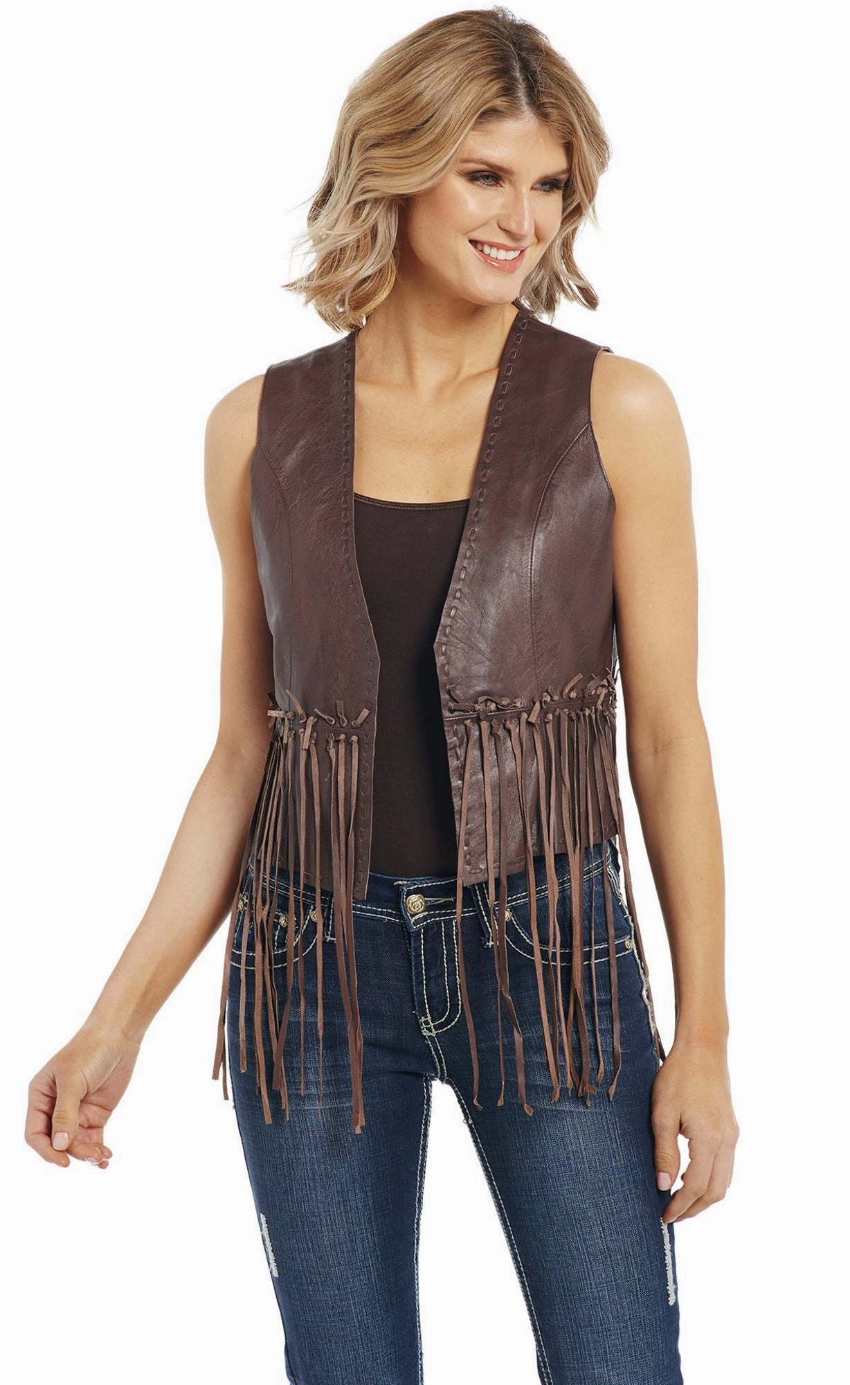 Breathable Textured Fabric Versatile Layering Piece Cripple Creek Womens Antique Brown Lamb Leather Knotted Fringe Vest