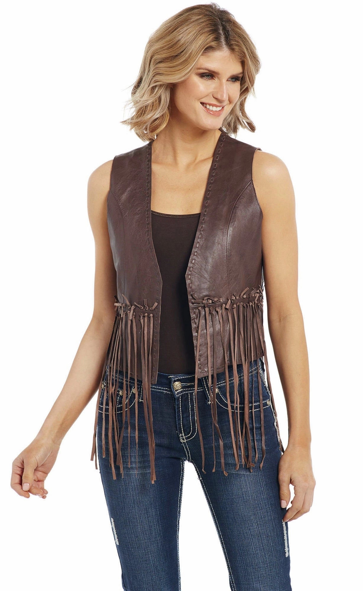 Cripple Creek Womens Antique Brown Lamb Leather Knotted Fringe Vest High Neckline Breathable knit