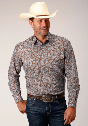 Reinforced Elasticity Roper Mens Copper Spring Paisley Orange 100% Cotton L/S Shirt