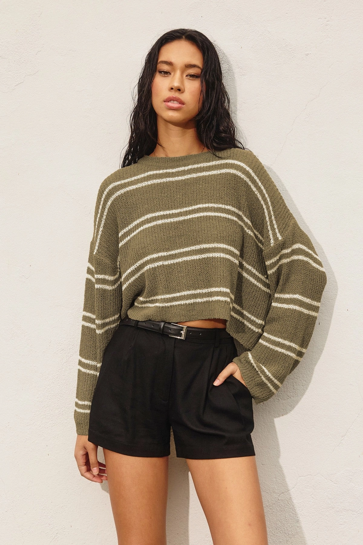 Comfortable Layer Layering pieces Double Stripe Knit Sweater - Olive