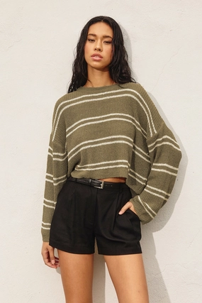 Comfortable Layer Layering pieces Double Stripe Knit Sweater - Olive