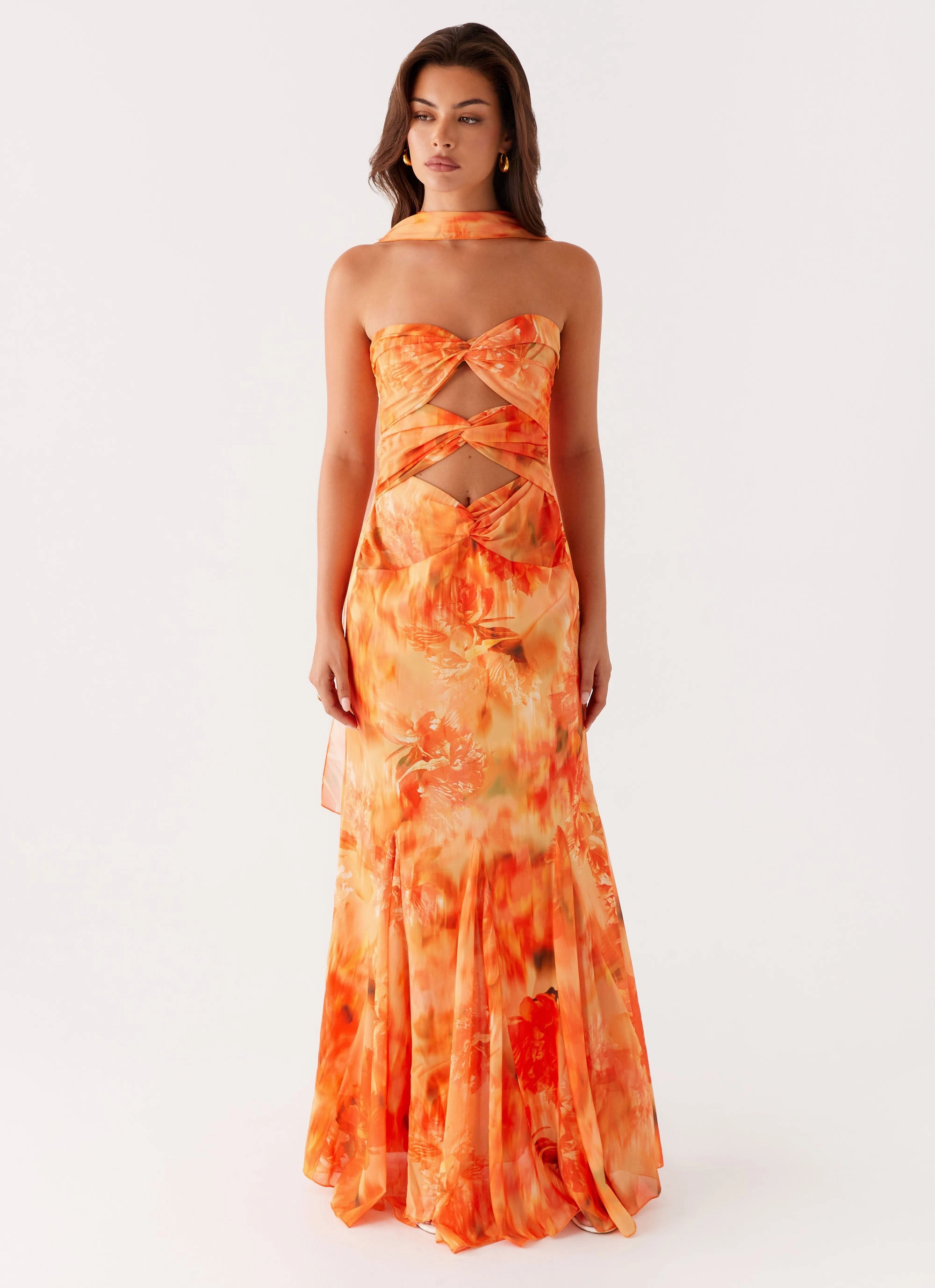 Melrose Satin Chiffon Maxi Dress - Sunset Floral Pop Texture