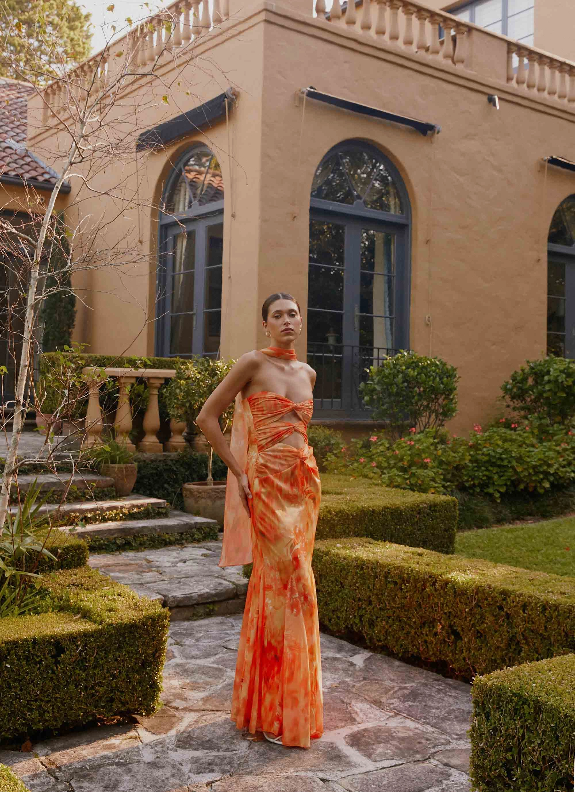 packable Satin-Edge Melrose Satin Chiffon Maxi Dress - Sunset Floral