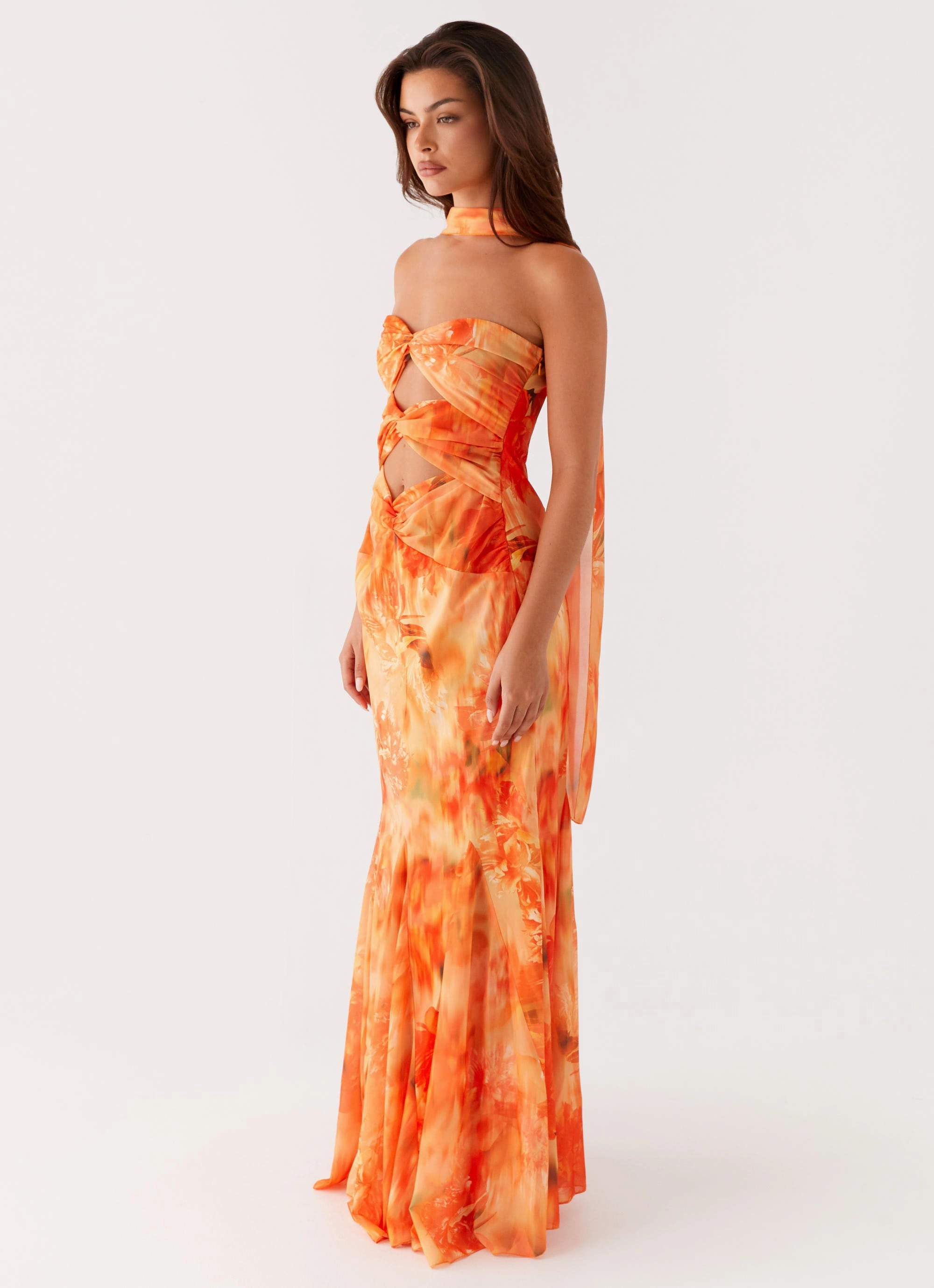 Profile Enhancer V-Neck Melrose Satin Chiffon Maxi Dress - Sunset Floral