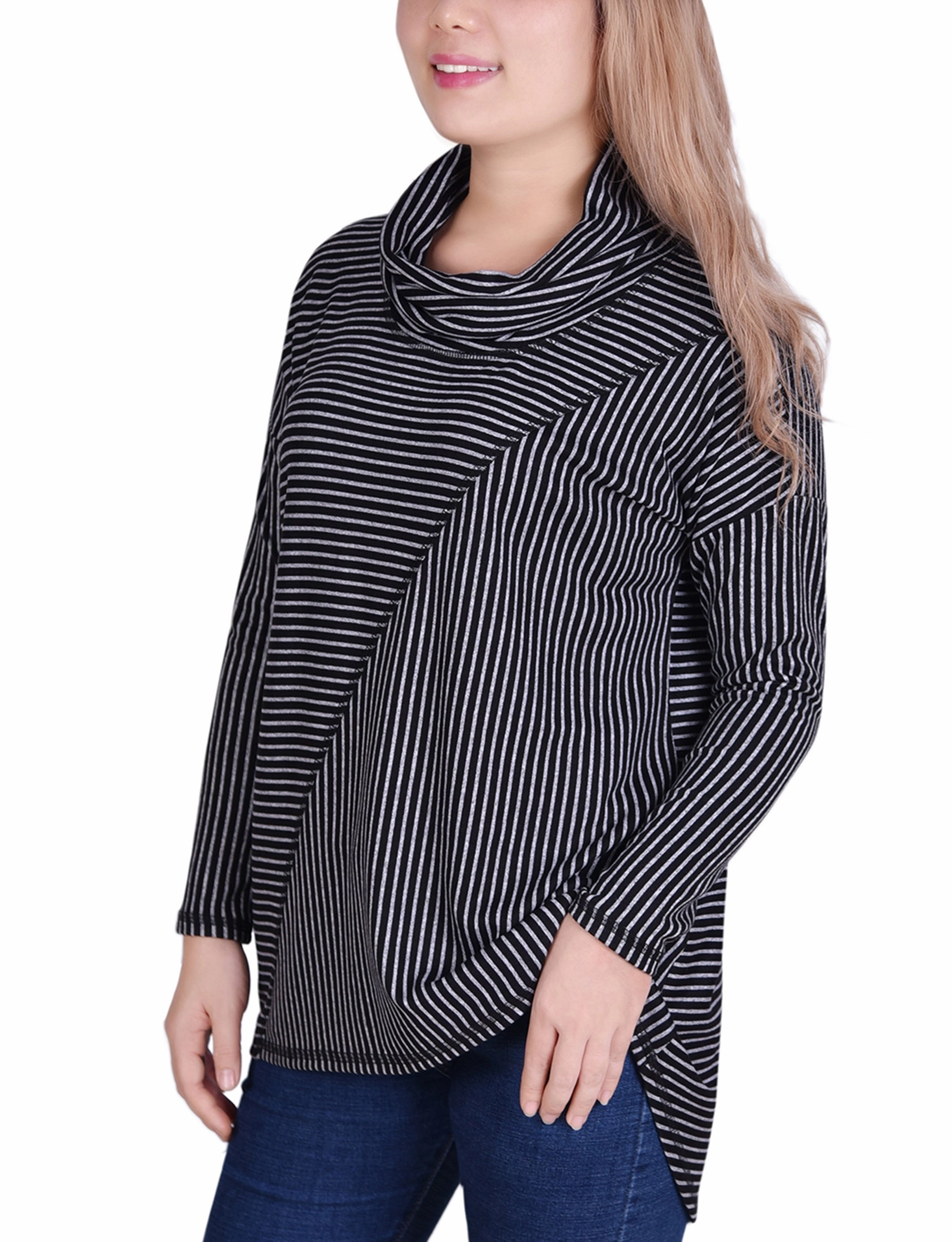 Versatile Warmth Modern Touch Long Sleeve Mini Striped Seamed Cowl Neck Top
