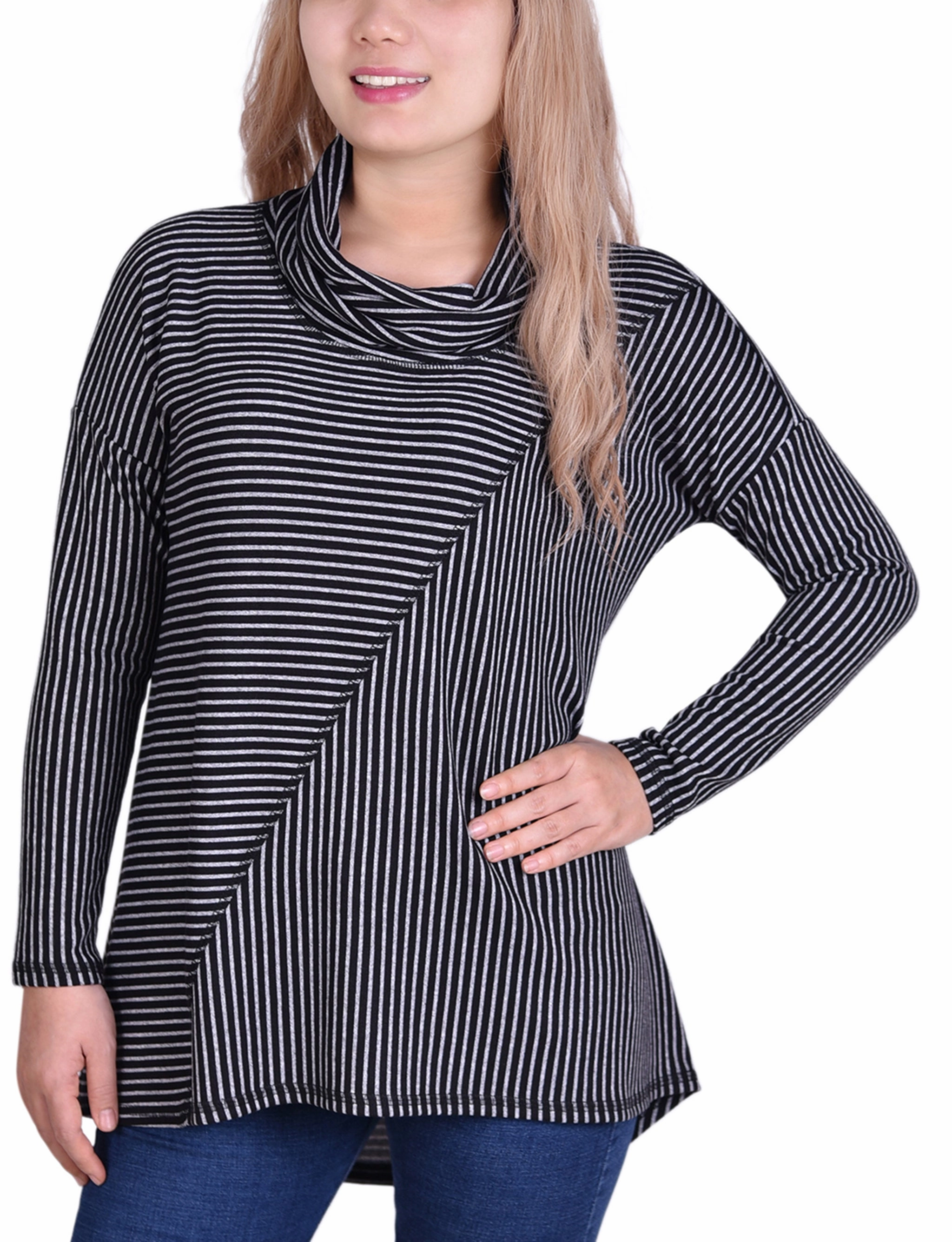 Long Sleeve Mini Striped Seamed Cowl Neck Top Outdoor Look LowMaintenance Fabric