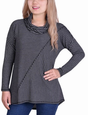 WideRibbed Texture Casual Outfit Long Sleeve Mini Striped Seamed Cowl Neck Top