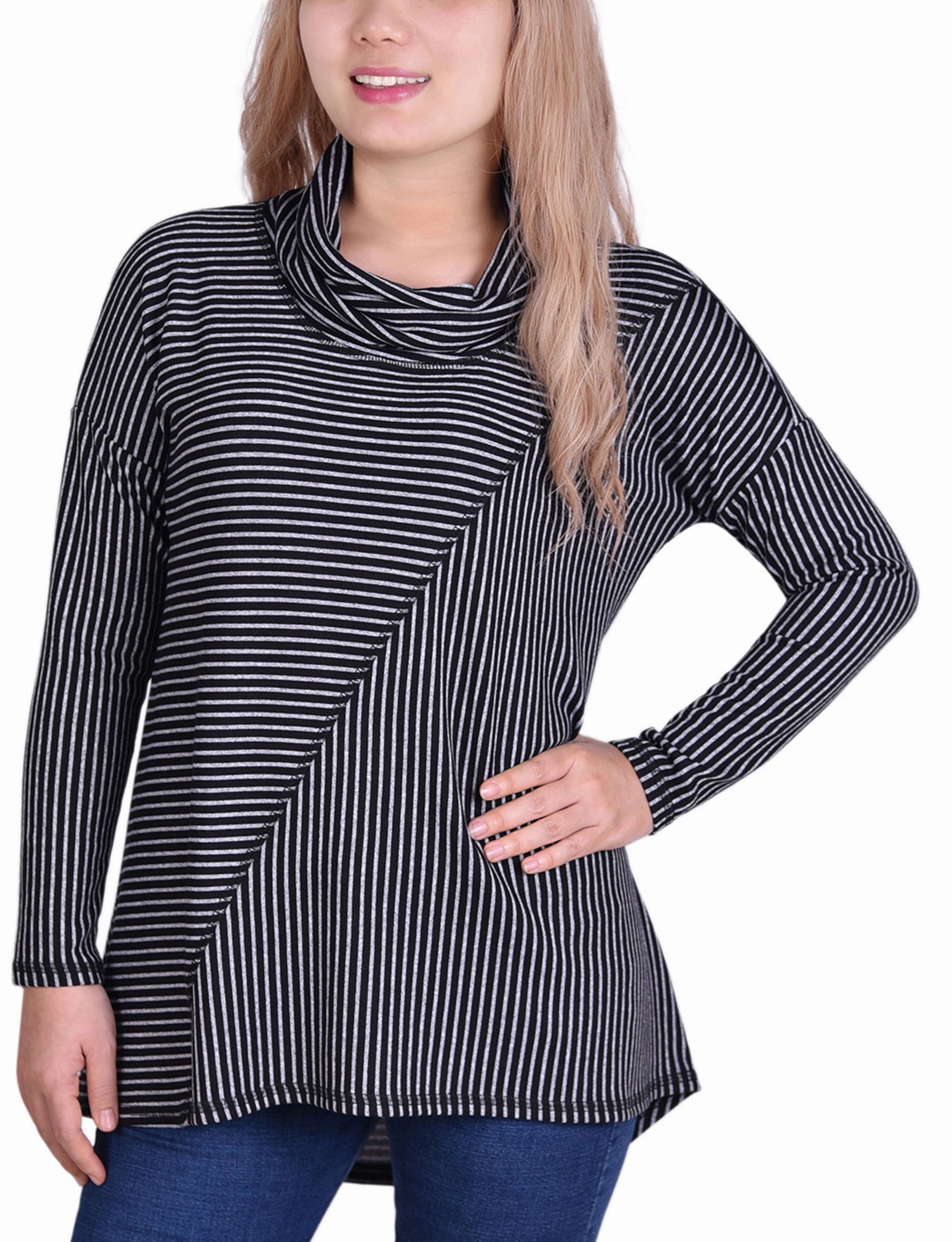 Long Sleeve Mini Striped Seamed Cowl Neck Top HighElasticity Yarn