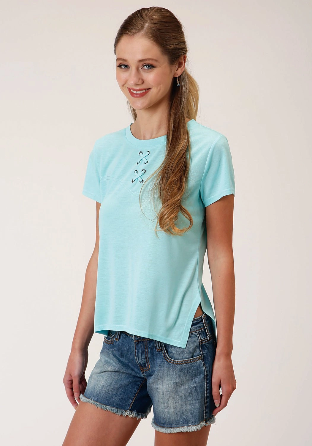 Roper Womens Light Turquoise Poly/Rayon Grommets S/S T-Shirt Trendsetting