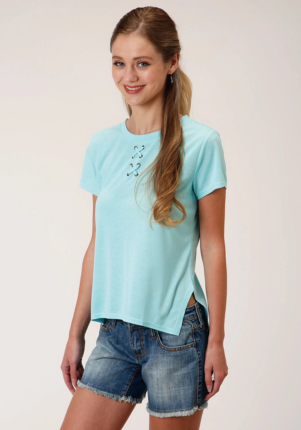 Two Tone Stitching Roper Womens Light Turquoise Poly/Rayon Grommets S/S T-Shirt