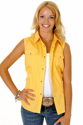 Roper Womens Yellow 100% Cotton Sleeveless Solid Poplin Snap Western Shirt Coffee Run