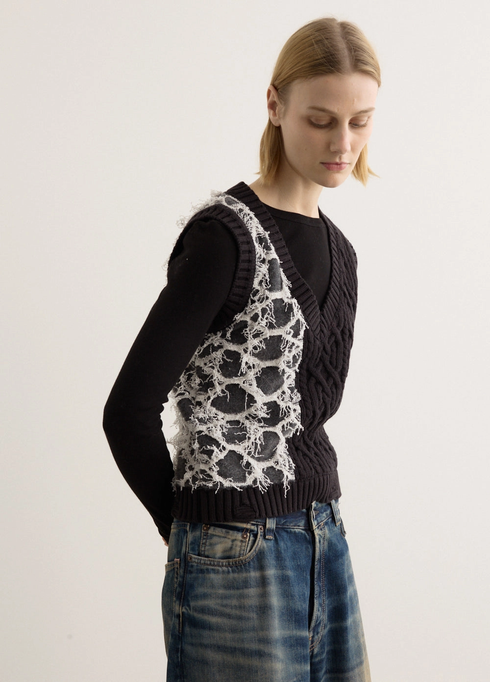 NonRestrictive Cuff Boucle Cable Patchwork Knit Vest