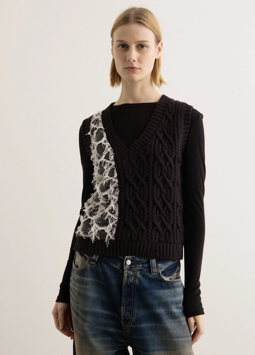 Boucle Cable Patchwork Knit Vest Lightweight Fabric Weekend Comfort