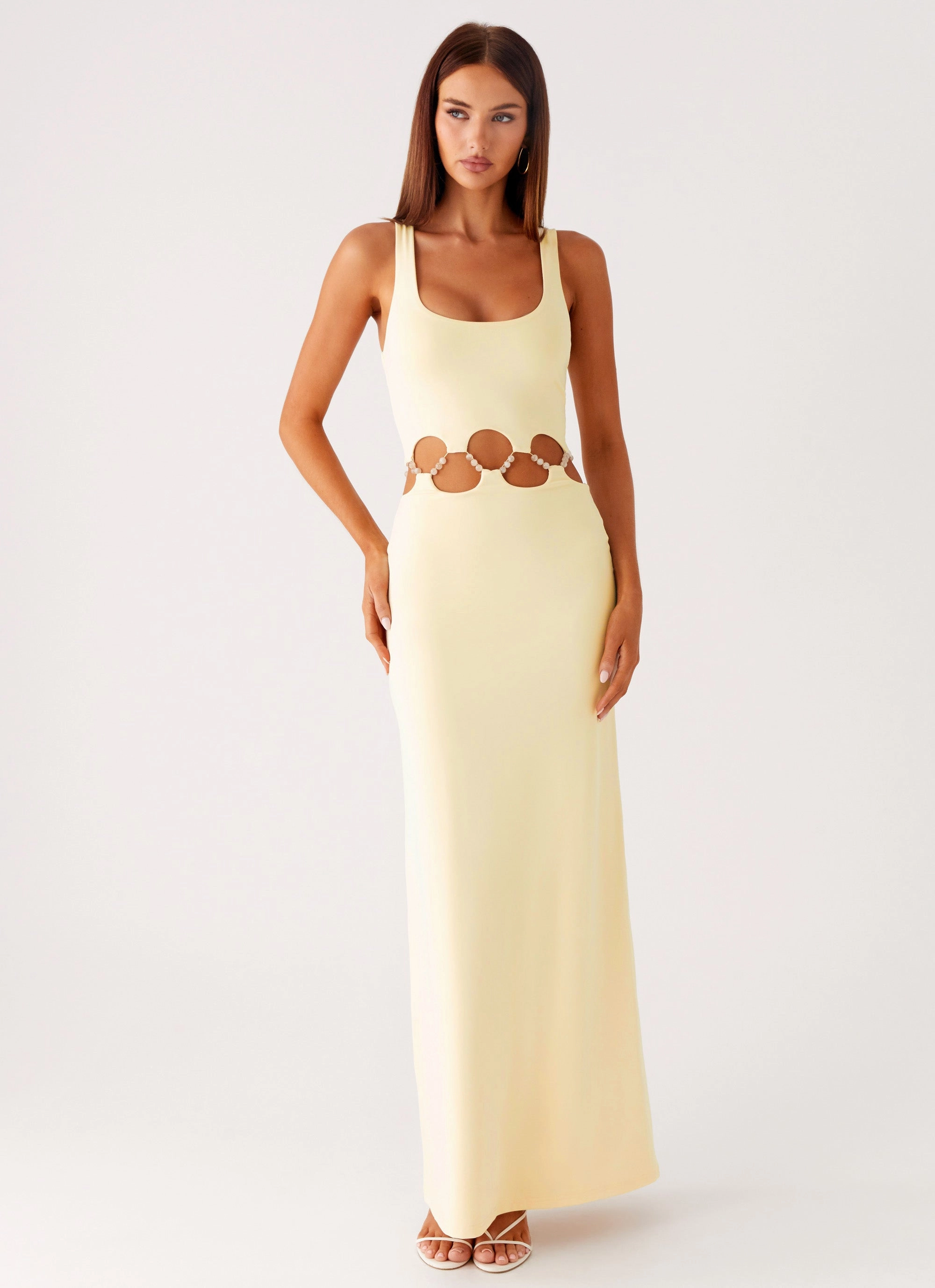 Bishop-Sleeve Gloss Finish Dreamboat Beaded Maxi Dress - Yellow