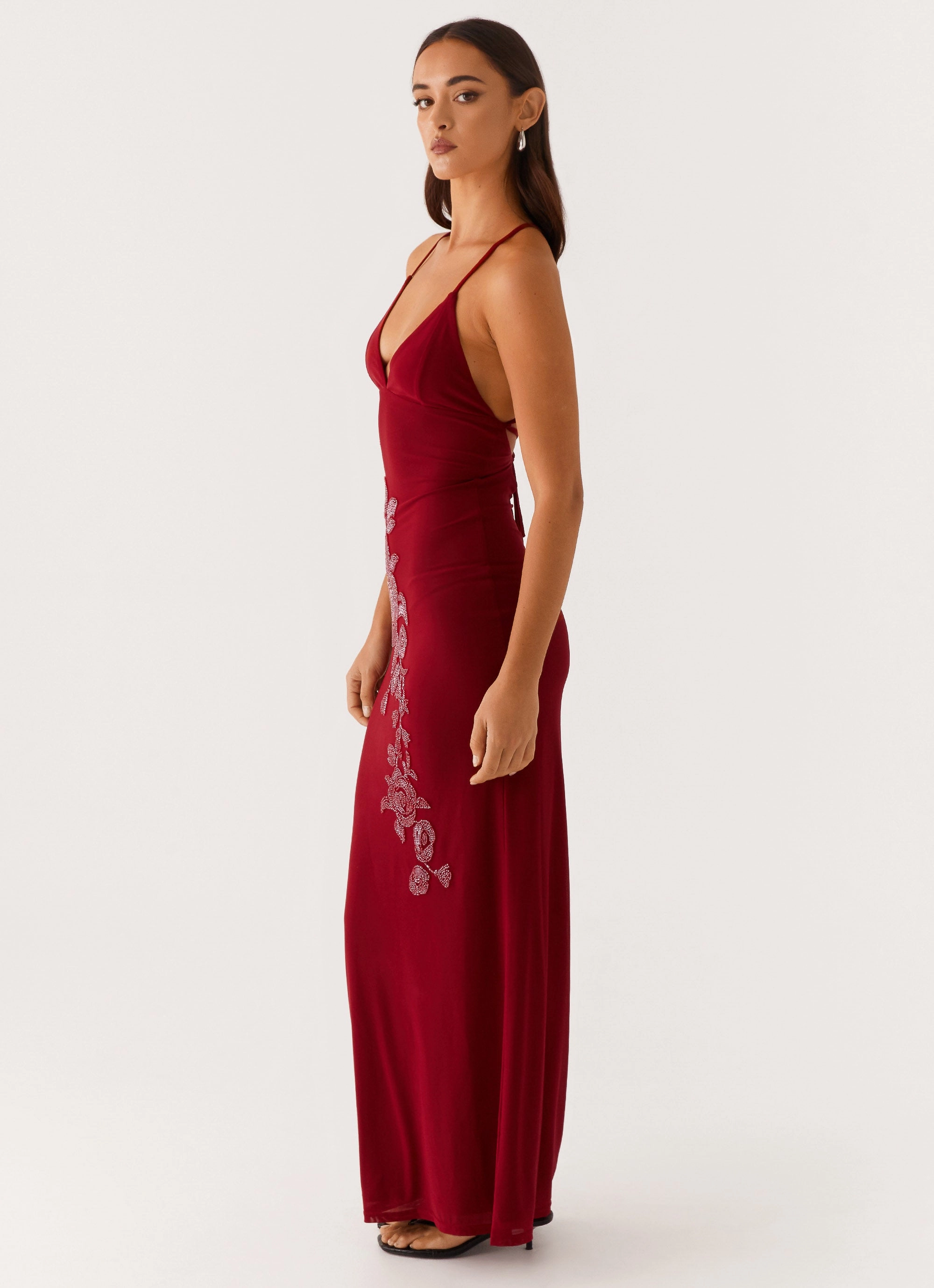 Beki Beaded Mesh Maxi Dress - Deep Red Happy Fit Cozy Fit