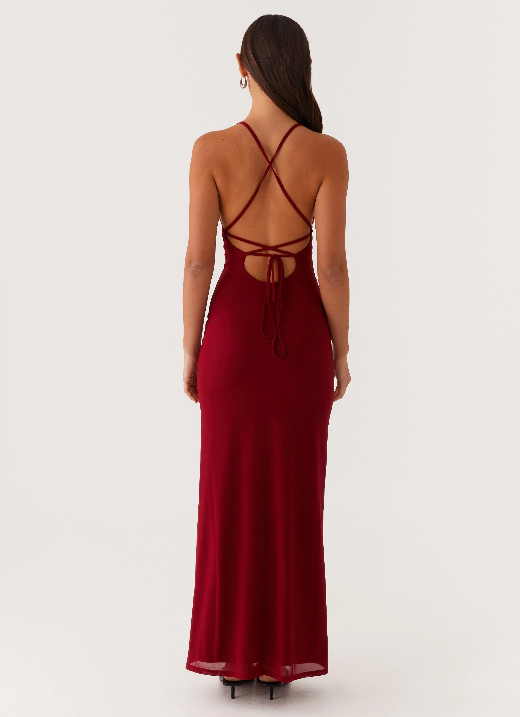 Beki Beaded Mesh Maxi Dress - Deep Red Pose Glow