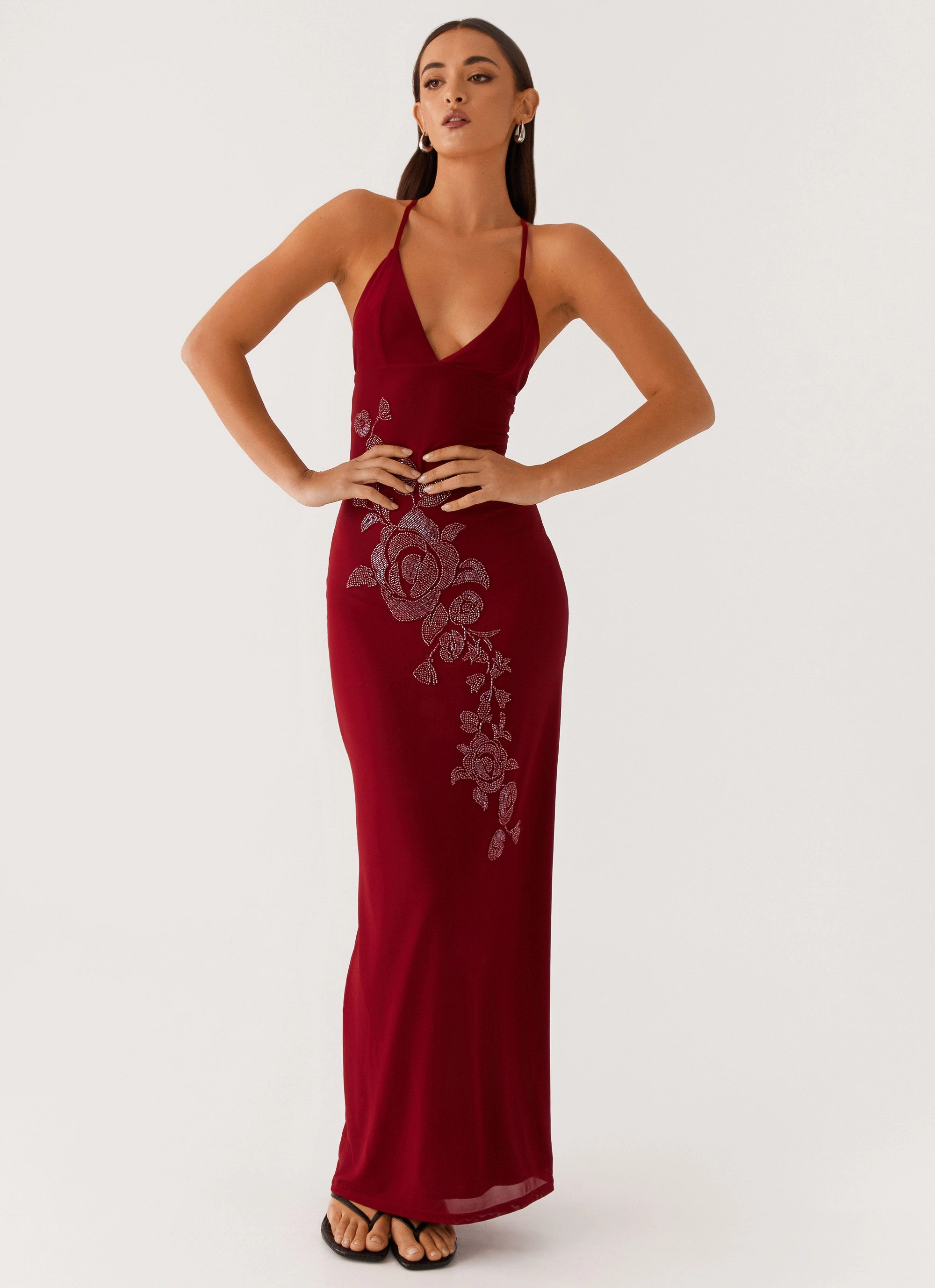 Beki Beaded Mesh Maxi Dress - Deep Red Tailored Style Minimal Outfit
