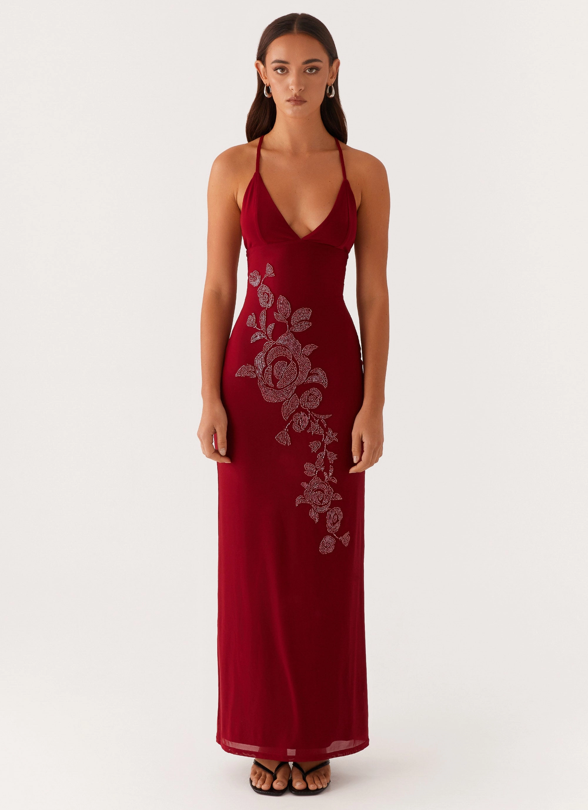 Body Ease Beki Beaded Mesh Maxi Dress - Deep Red