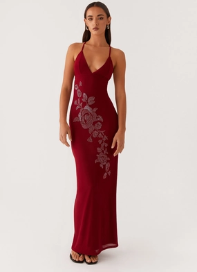 Whimsical Mood Beki Beaded Mesh Maxi Dress - Deep Red