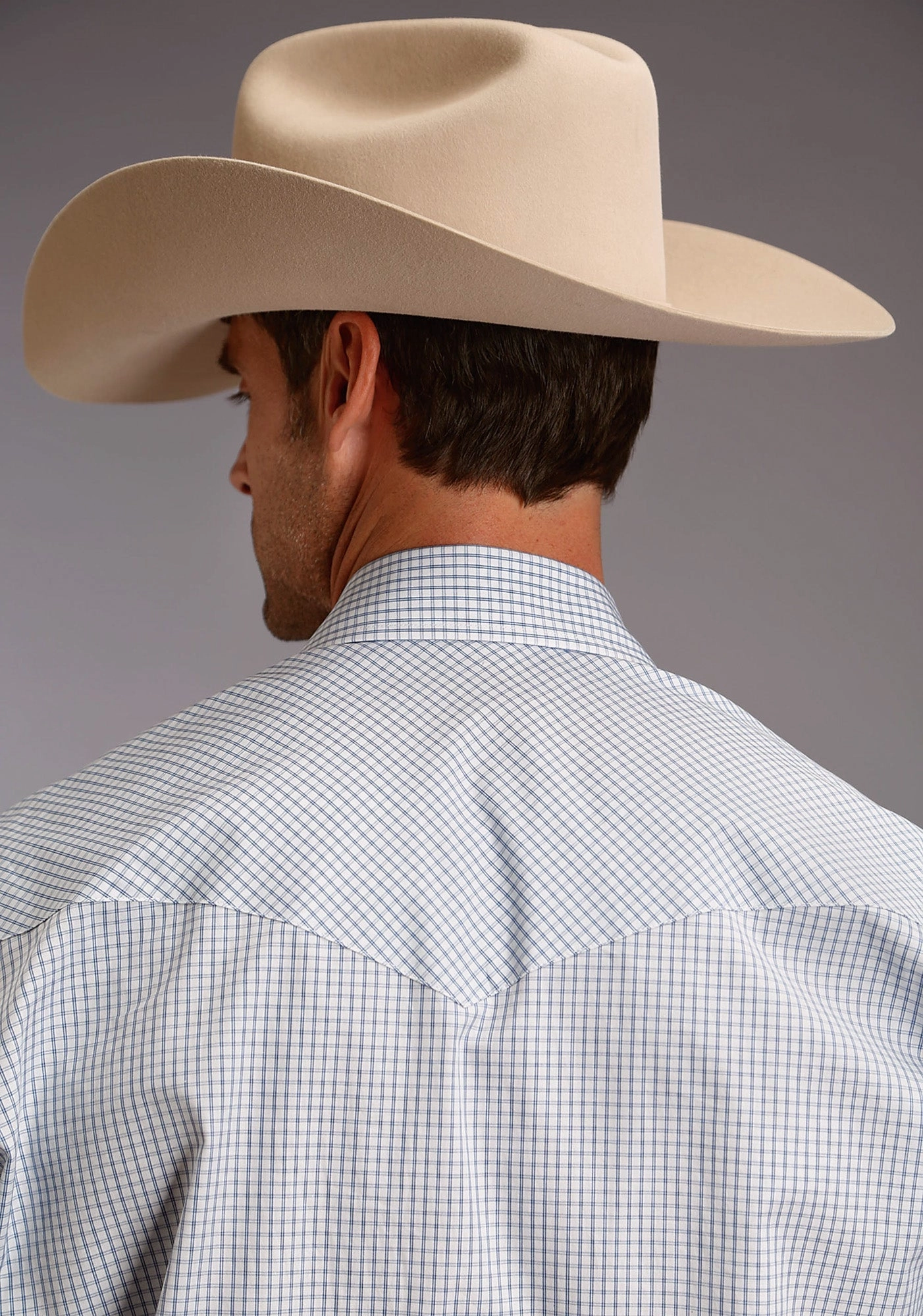 Stetson Mens Light Blue 100% Cotton Two Stripe Check L/S Shirt Layered Collar Cooling Core Technology