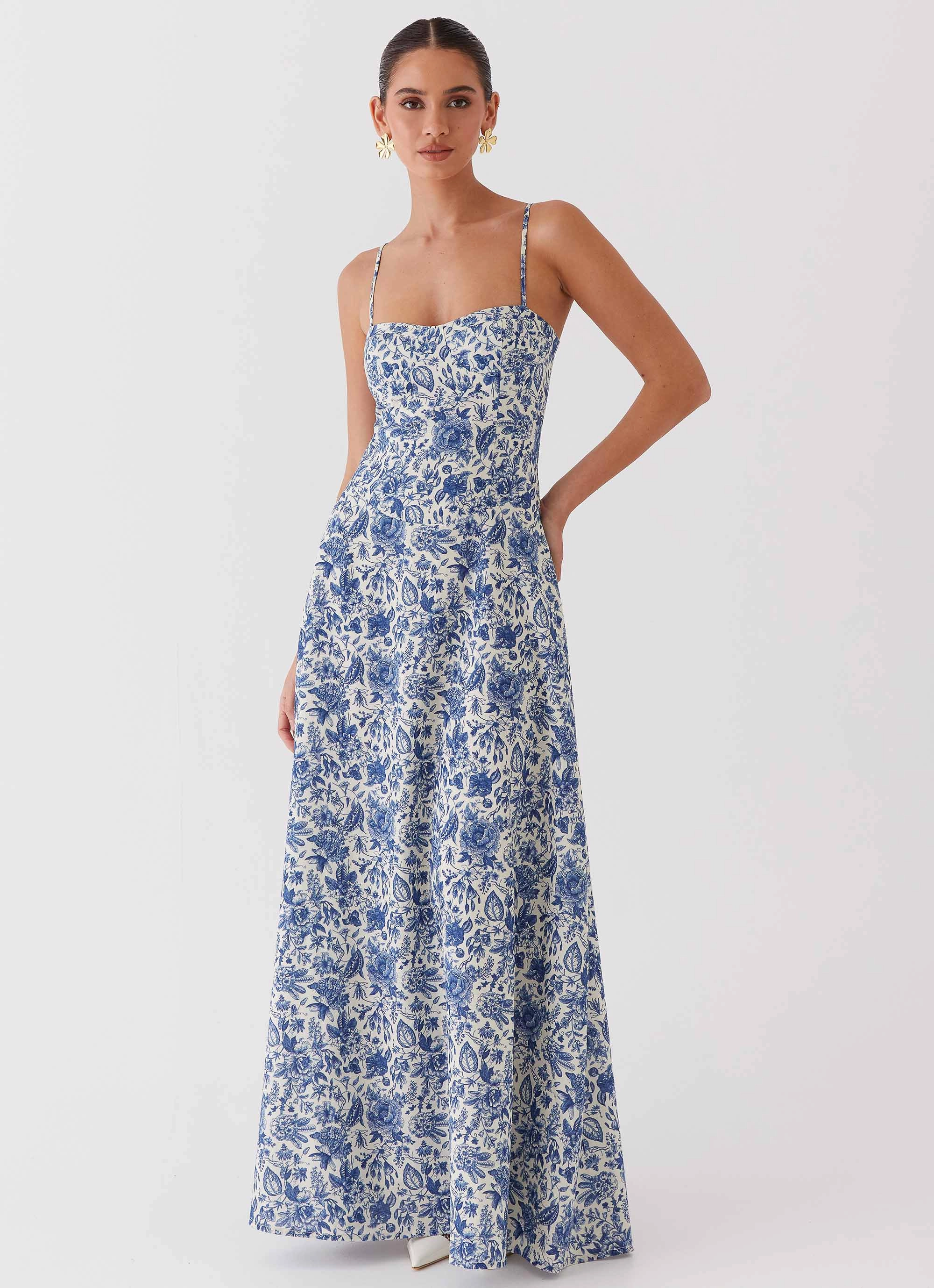 Angelina Linen Maxi Dress - Blue Paisley Linen Love Vibrant color