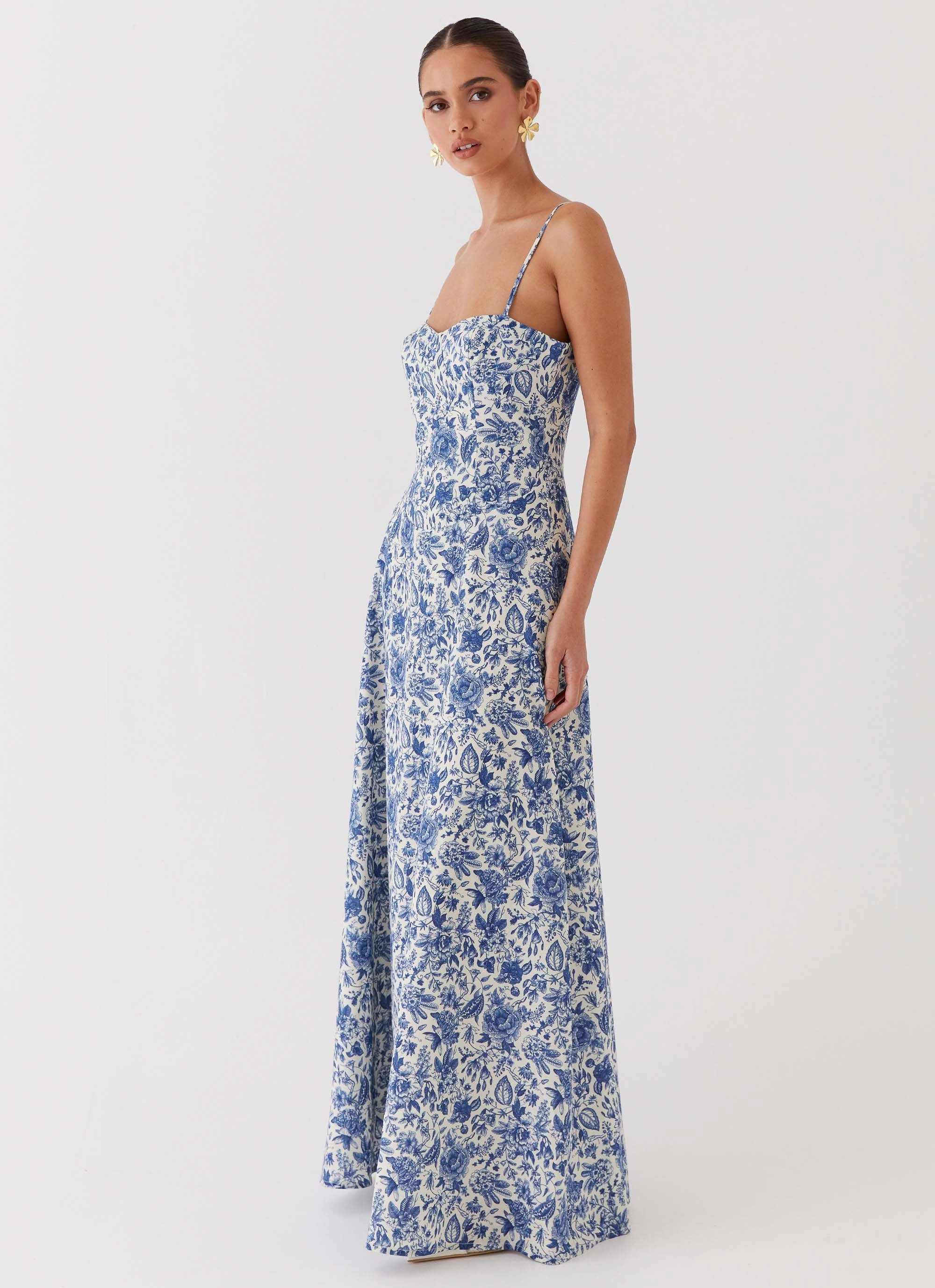 Angelina Linen Maxi Dress - Blue Paisley Cap-Sleeve
