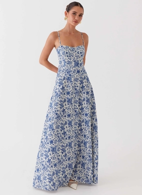 Angelina Linen Maxi Dress - Blue Paisley Slim-fit
