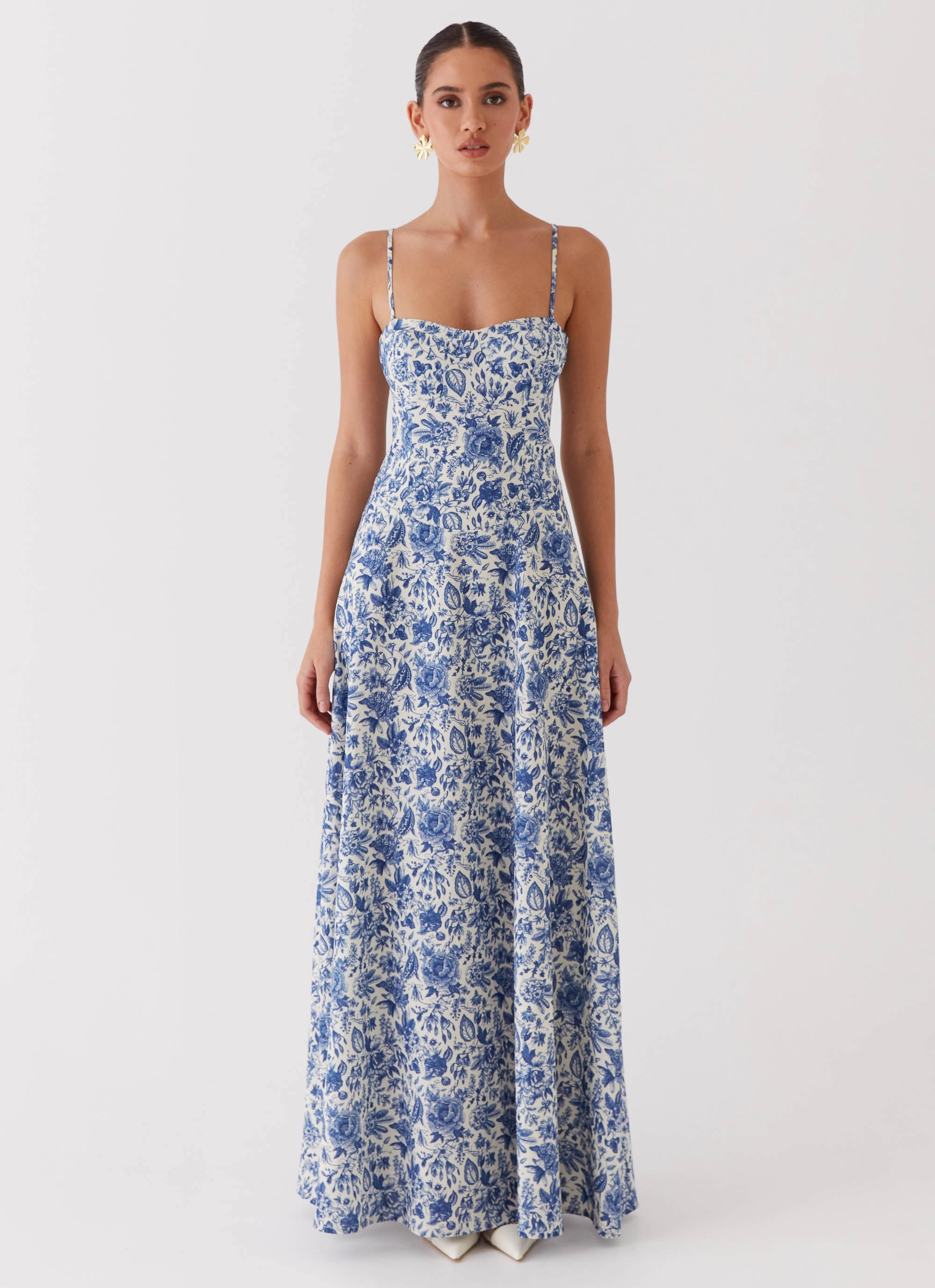 Office Fit Angelina Linen Maxi Dress - Blue Paisley