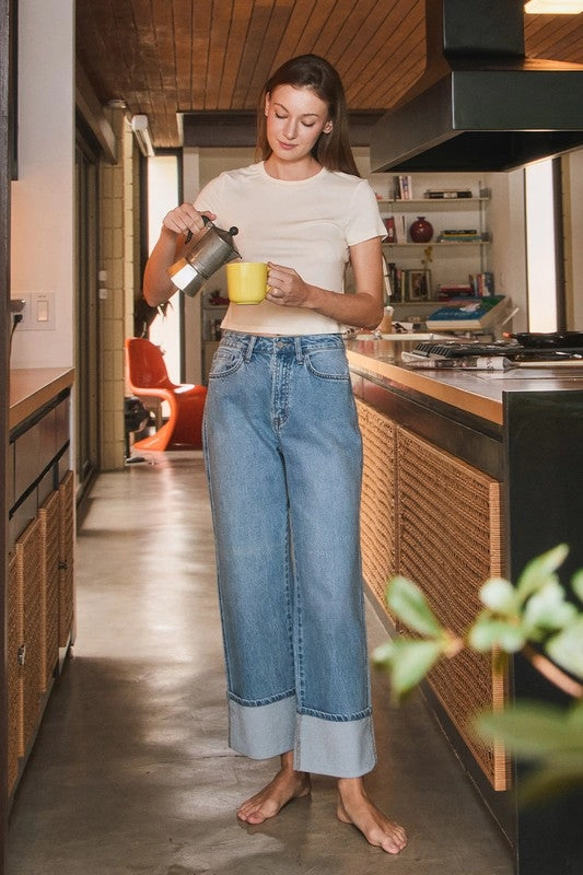 Nature Lover Party Look Breathable Minimalist Duffy Super High Rise Cuffed Baggy Straight Jeans