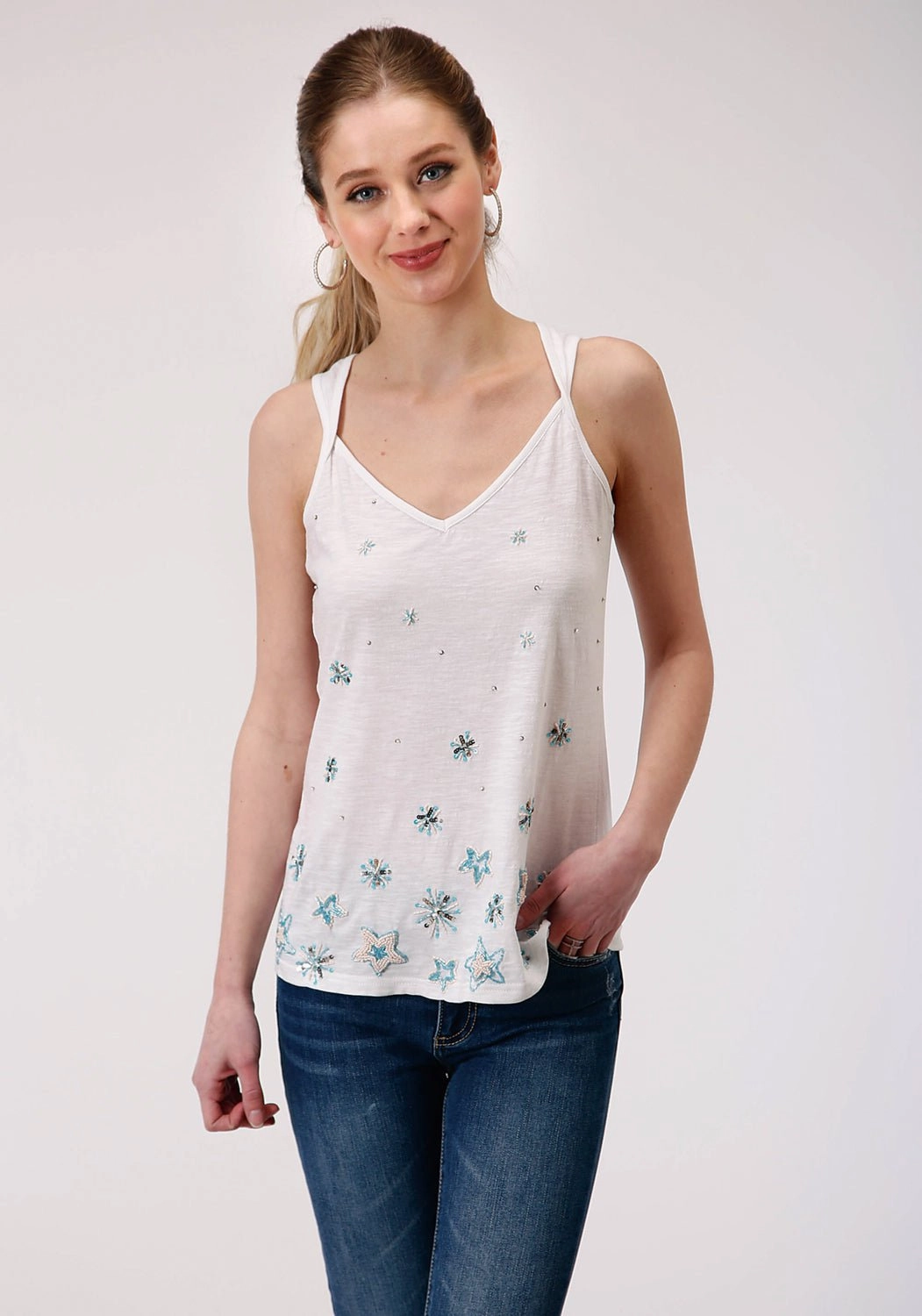 Roper Womens White 100% Cotton Beaded Stars S/L Tank Top Unstructured Shoulder