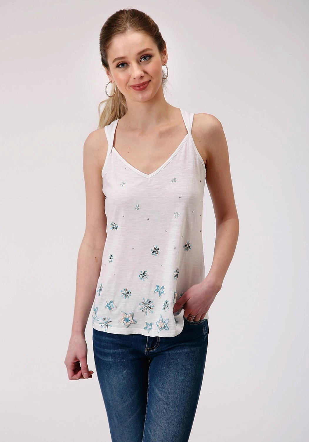 Geometric Pattern Classic Collar Roper Womens White 100% Cotton Beaded Stars S/L Tank Top