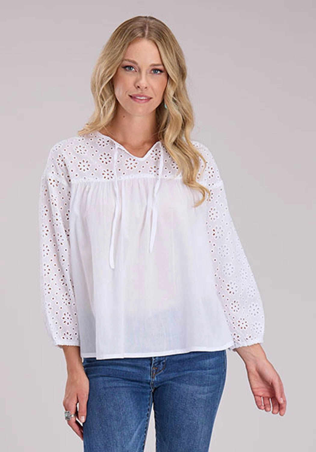 Networking Session Roper Womens Self Tie Eyelets White 100% Cotton L/S Blouse