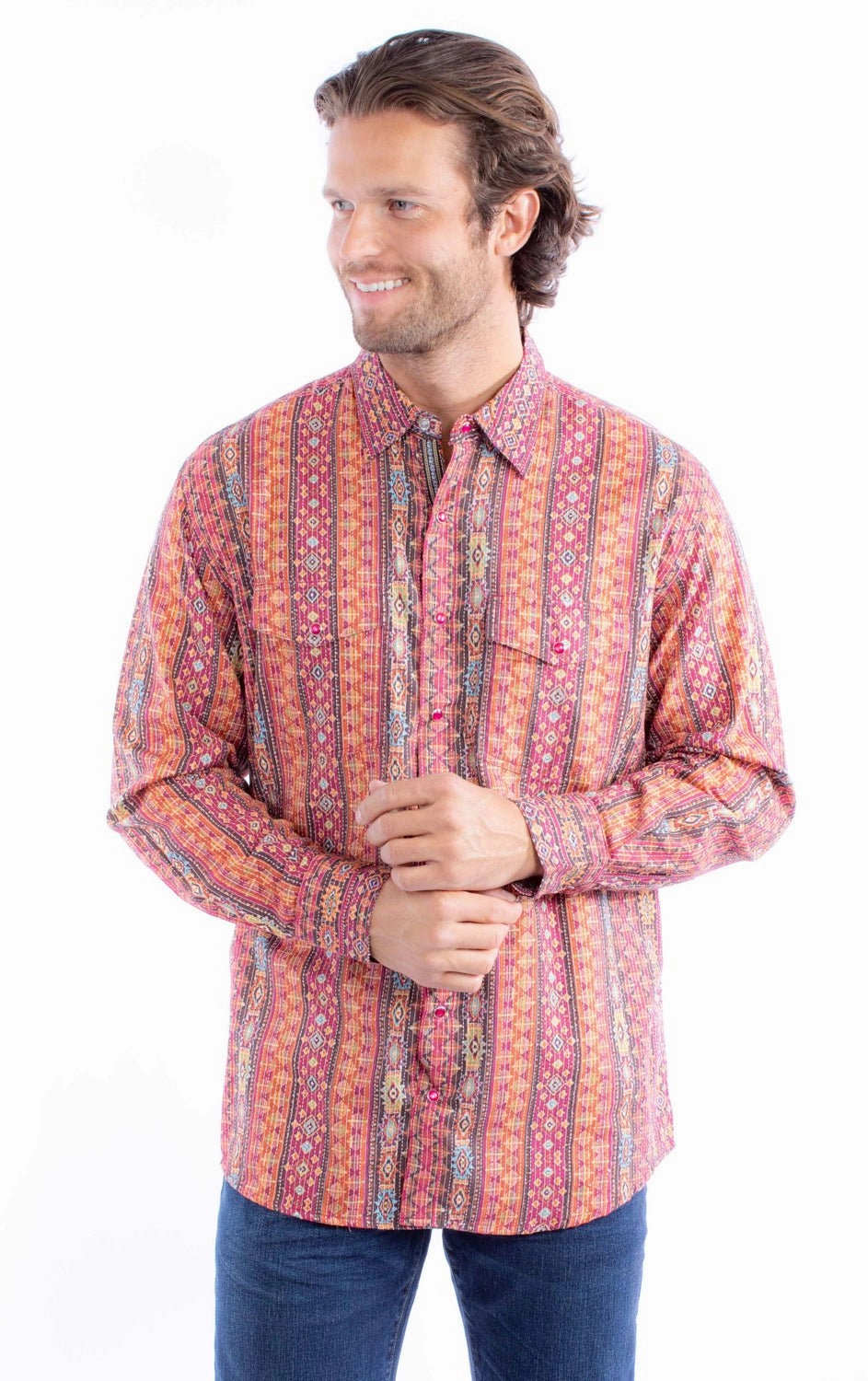 Loose style Ergonomic Sleeve Cut Scully Mens Kantha Signature Burgundy 100% Cotton L/S Shirt