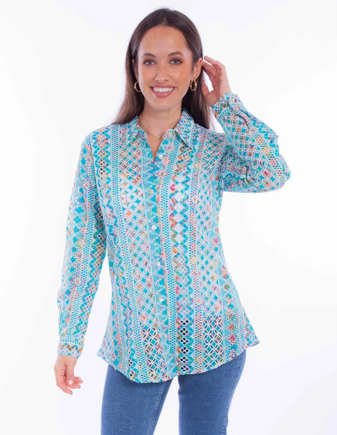 Scully Womens Eyelet Button Turquoise 100% Cotton L/S Blouse Friends Meetup