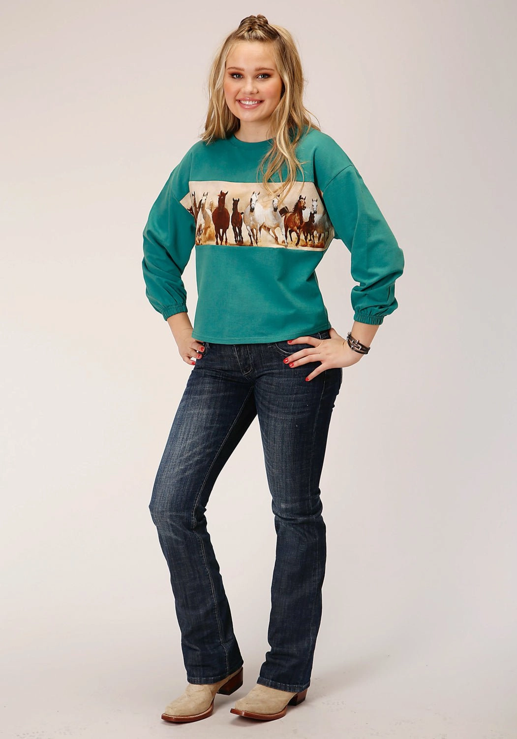 Roper Womens Running Horses Blue 100% Cotton Sweatshirt Comfy Knitwear