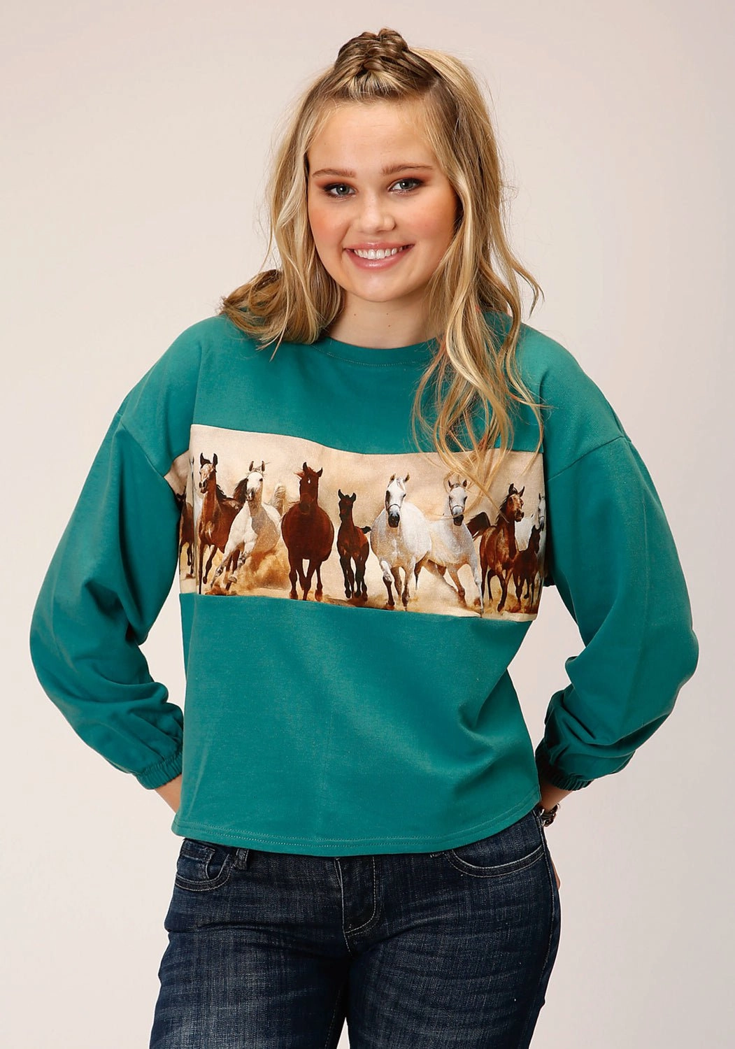 Roper Womens Running Horses Blue 100% Cotton Sweatshirt Fashion Essential Effortless Style