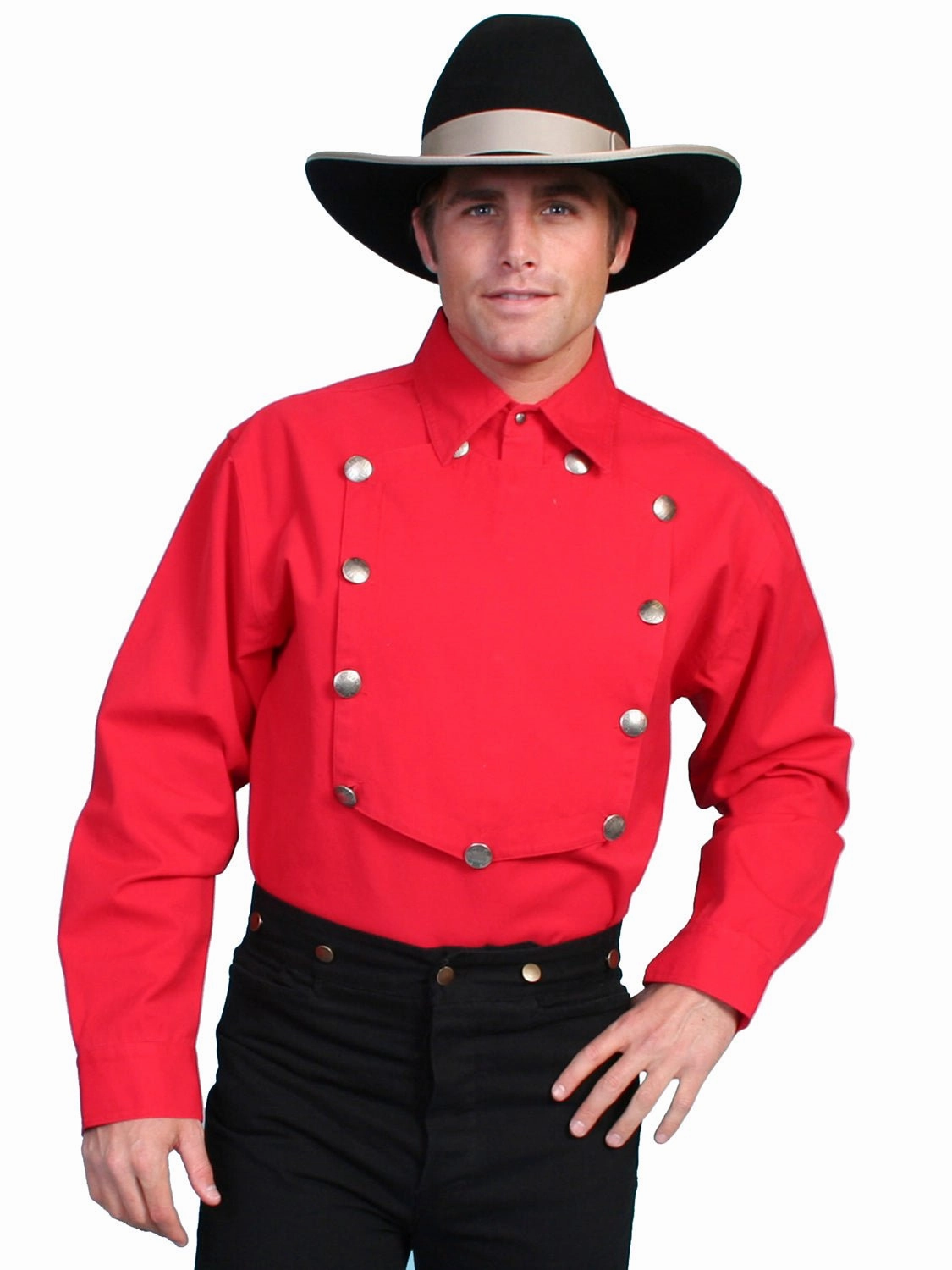 Mountain Retreat Party outfit Scully RangeWear Mens Red 100% Cotton Concho L/S Western Bib Shirt