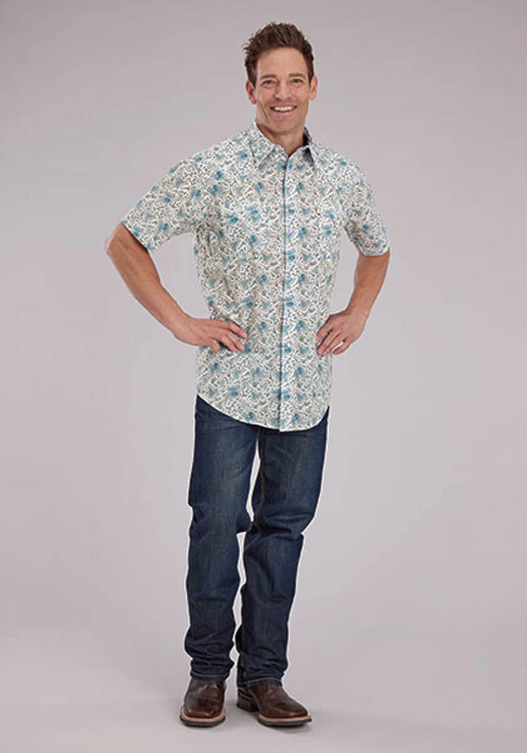 Roper Mens 2463 Vintage Paisley Blue 100% Cotton S/S Shirt Vibrant Hue Artistic Design