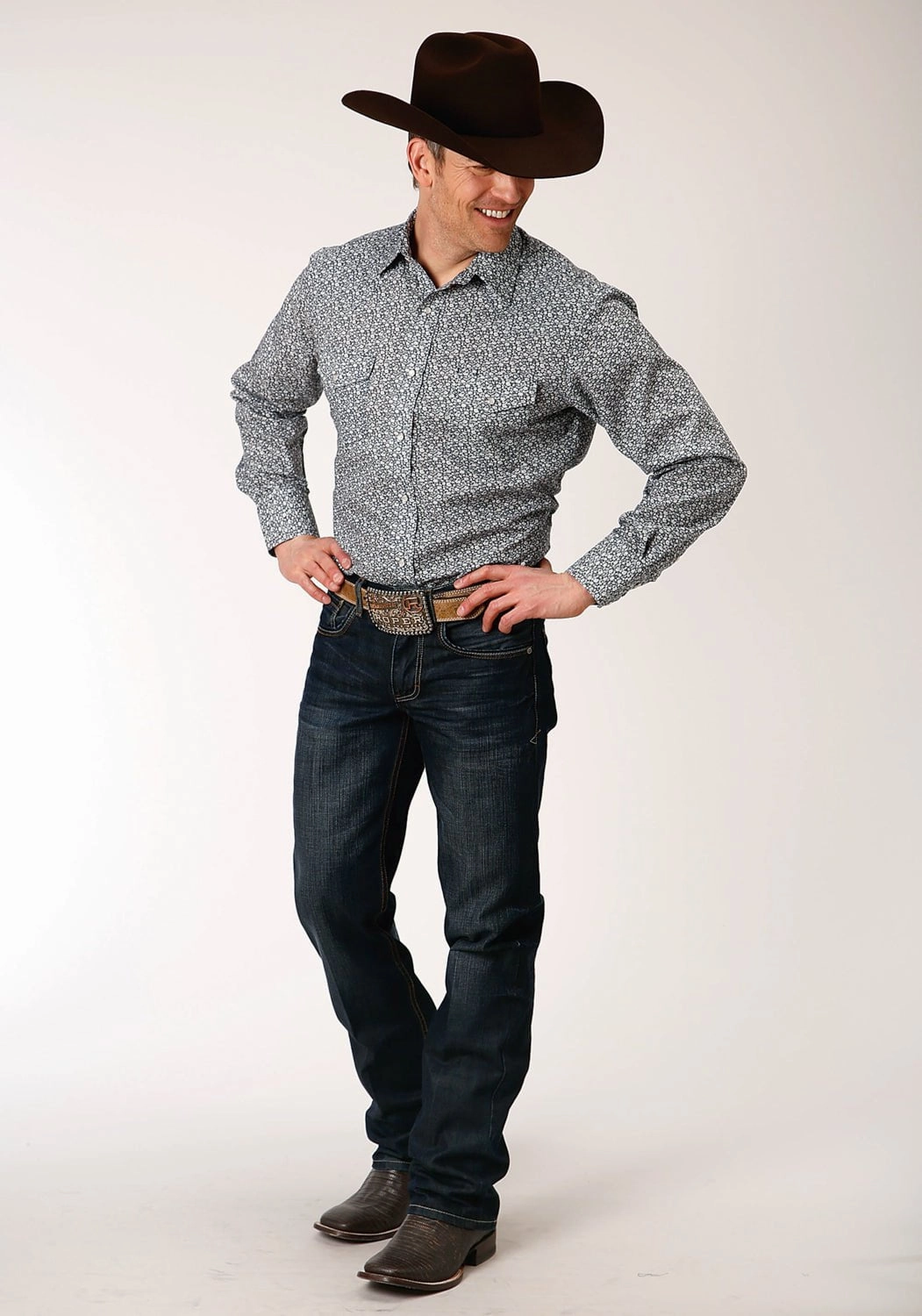 Contemporary Fashion Roper Mens Navy/Cream Cotton Blend Floral L/S Shirt