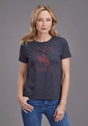 Stetson Womens Round Up Black Cotton Blend S/S T-Shirt Geometric Pattern Embroidered Logo