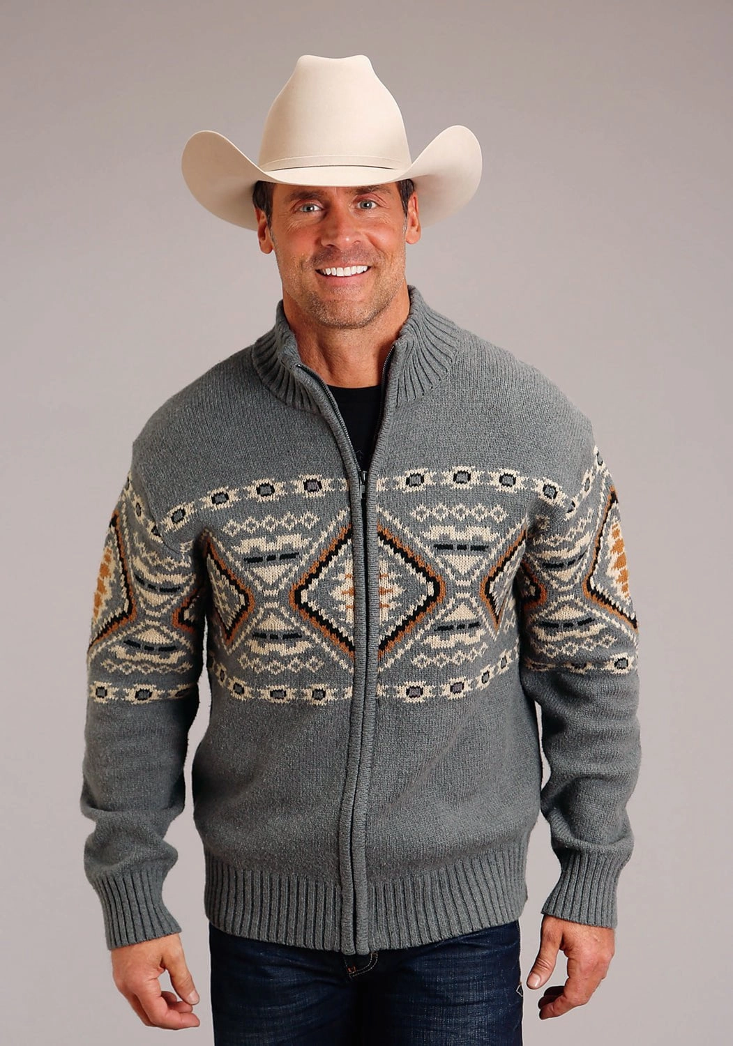 Athleisure Wear Cruise Collection Stetson Mens Aztec Border Grey Cotton/Wool L/S Cardigan Sweater