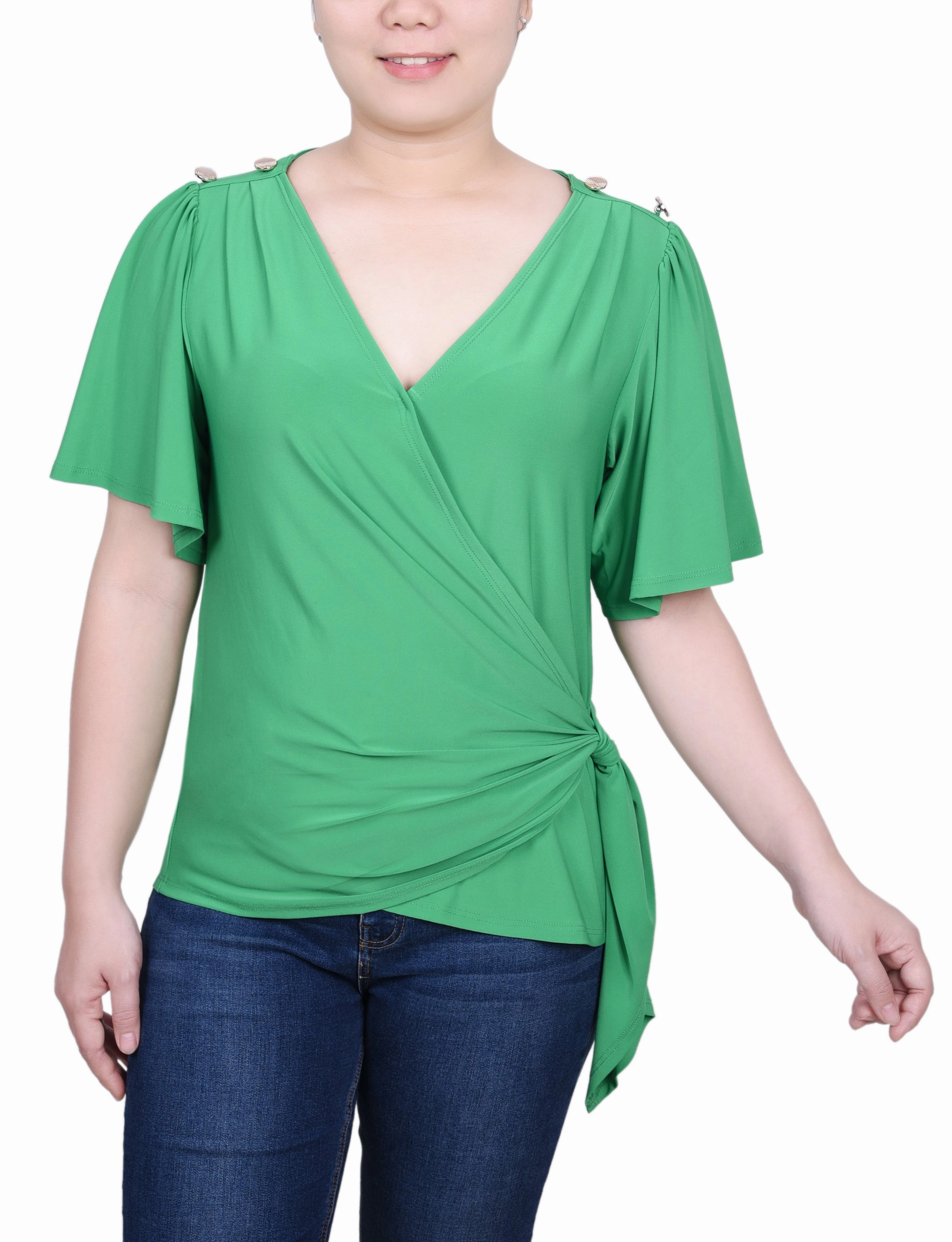 Petite Short Sleeve Wrap Top Timeless Basic