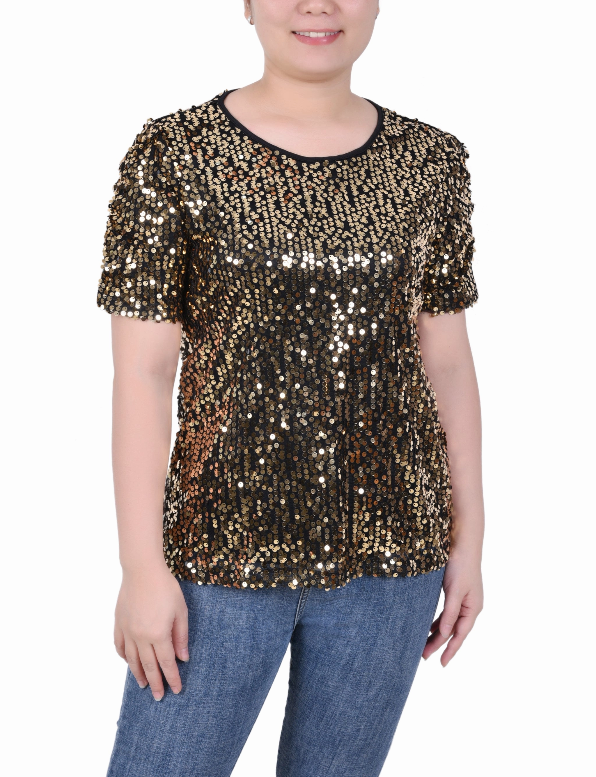 Petite Short Sleeve Sequined Top Simple Wear Office Warmth