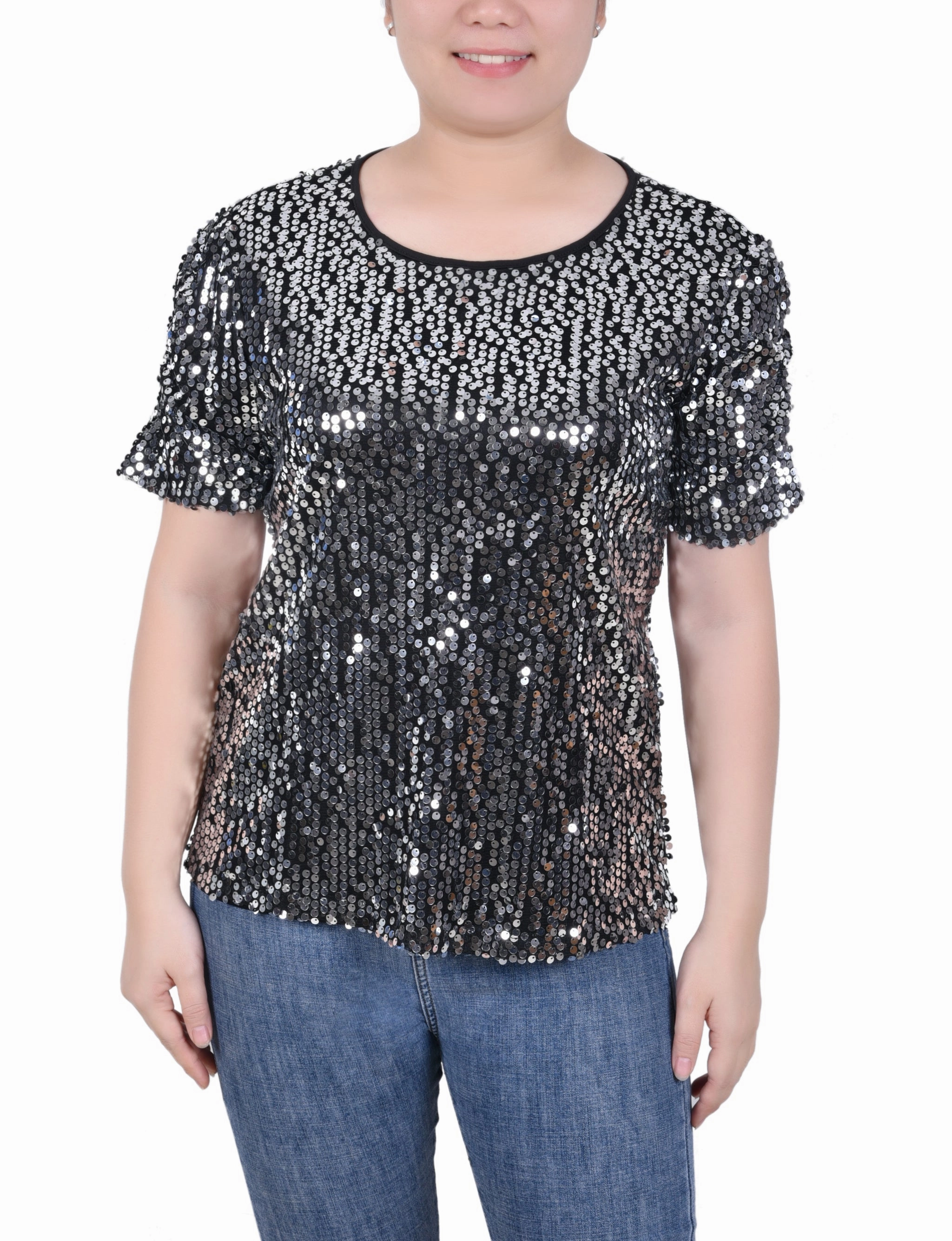 Petite Short Sleeve Sequined Top elastic waistband Lattice Ventilation Weave