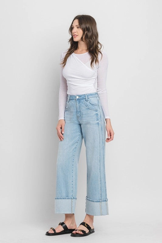 DUSTY SUPER HIGH RISE CUFFED BAGGY WIDE JEANS Tear Resistant Denim Flexible Waistband Construction