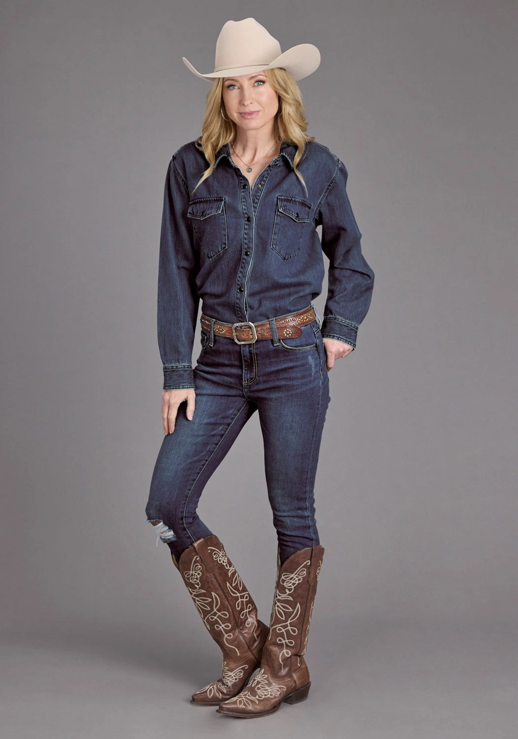 Stetson Womens Collared Oversized Dark Blue Tencel/Rayon L/S Shirt Standalone Option